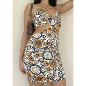 BAILY ROSE SZ S Black White Floral 70s Retro Gogo Bodycon Mini Dress B97